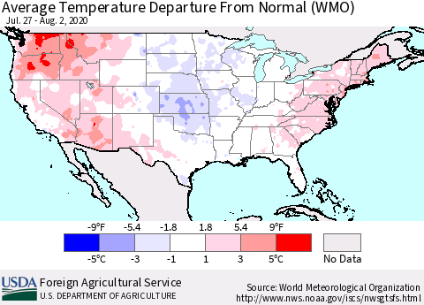 United States Average Temperature Departure From Normal (WMO) Thematic Map For 7/27/2020 - 8/2/2020