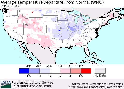 United States Average Temperature Departure From Normal (WMO) Thematic Map For 8/3/2020 - 8/9/2020