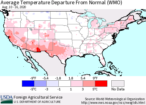 United States Average Temperature Departure From Normal (WMO) Thematic Map For 8/10/2020 - 8/16/2020