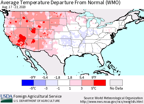United States Average Temperature Departure from Normal (WMO) Thematic Map For 8/17/2020 - 8/23/2020