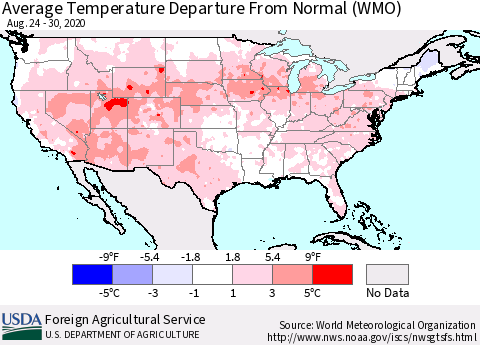 United States Average Temperature Departure From Normal (WMO) Thematic Map For 8/24/2020 - 8/30/2020