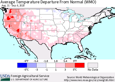 United States Average Temperature Departure From Normal (WMO) Thematic Map For 8/31/2020 - 9/6/2020