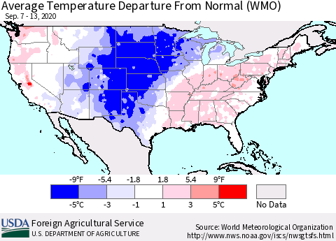 United States Average Temperature Departure From Normal (WMO) Thematic Map For 9/7/2020 - 9/13/2020