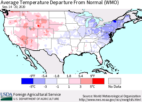 United States Average Temperature Departure From Normal (WMO) Thematic Map For 9/14/2020 - 9/20/2020