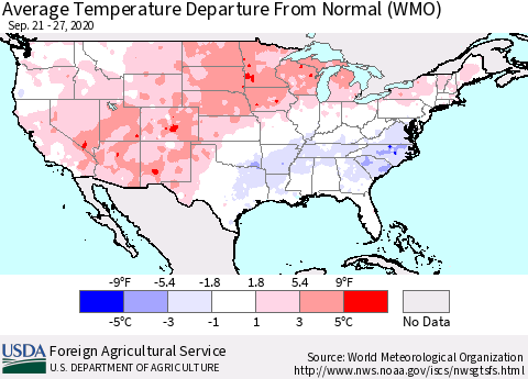 United States Average Temperature Departure From Normal (WMO) Thematic Map For 9/21/2020 - 9/27/2020