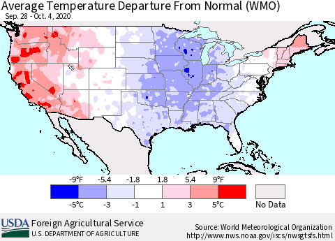 United States Average Temperature Departure from Normal (WMO) Thematic Map For 9/28/2020 - 10/4/2020