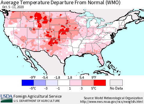 United States Average Temperature Departure From Normal (WMO) Thematic Map For 10/5/2020 - 10/11/2020