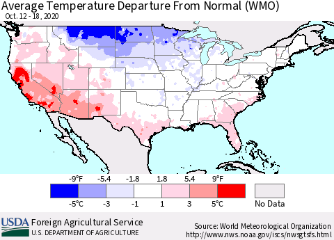 United States Average Temperature Departure from Normal (WMO) Thematic Map For 10/12/2020 - 10/18/2020