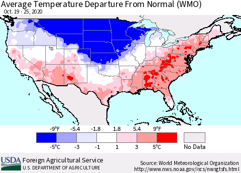 United States Average Temperature Departure From Normal (WMO) Thematic Map For 10/19/2020 - 10/25/2020