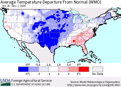 United States Average Temperature Departure From Normal (WMO) Thematic Map For 10/26/2020 - 11/1/2020