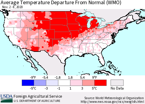 United States Average Temperature Departure from Normal (WMO) Thematic Map For 11/2/2020 - 11/8/2020