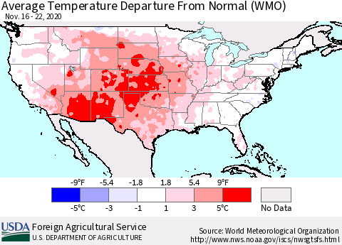 United States Average Temperature Departure From Normal (WMO) Thematic Map For 11/16/2020 - 11/22/2020