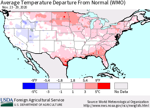 United States Average Temperature Departure From Normal (WMO) Thematic Map For 11/23/2020 - 11/29/2020