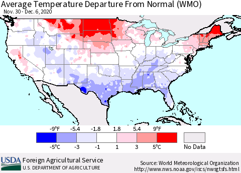 United States Average Temperature Departure From Normal (WMO) Thematic Map For 11/30/2020 - 12/6/2020