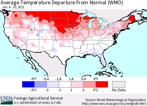 United States Average Temperature Departure From Normal (WMO) Thematic Map For 1/4/2021 - 1/10/2021