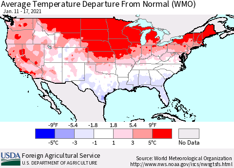 United States Average Temperature Departure from Normal (WMO) Thematic Map For 1/11/2021 - 1/17/2021