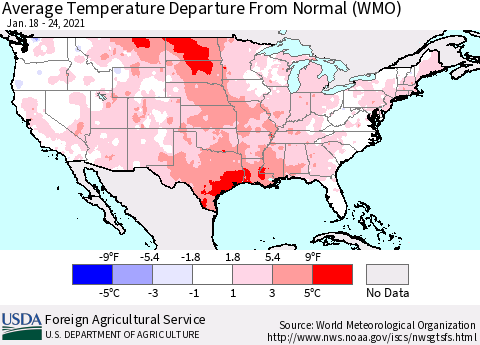 United States Average Temperature Departure From Normal (WMO) Thematic Map For 1/18/2021 - 1/24/2021
