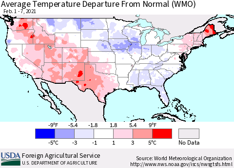 United States Average Temperature Departure From Normal (WMO) Thematic Map For 2/1/2021 - 2/7/2021