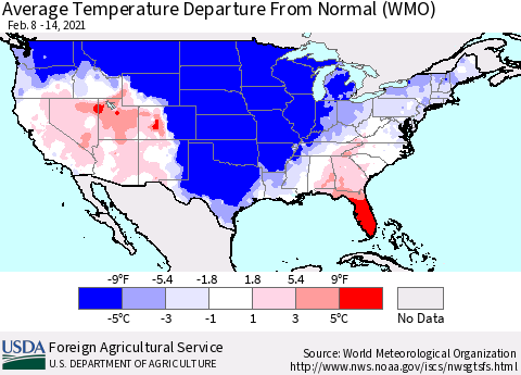 United States Average Temperature Departure From Normal (WMO) Thematic Map For 2/8/2021 - 2/14/2021