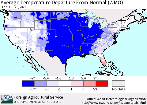 United States Average Temperature Departure from Normal (WMO) Thematic Map For 2/15/2021 - 2/21/2021
