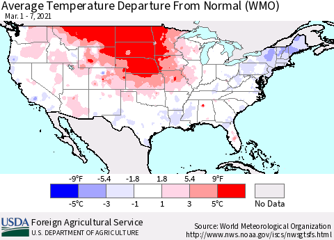United States Average Temperature Departure from Normal (WMO) Thematic Map For 3/1/2021 - 3/7/2021