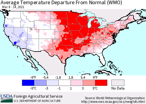 United States Average Temperature Departure From Normal (WMO) Thematic Map For 3/8/2021 - 3/14/2021