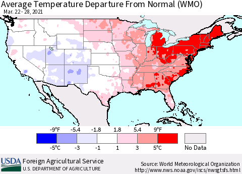 United States Average Temperature Departure from Normal (WMO) Thematic Map For 3/22/2021 - 3/28/2021