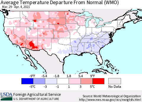 United States Average Temperature Departure From Normal (WMO) Thematic Map For 3/29/2021 - 4/4/2021