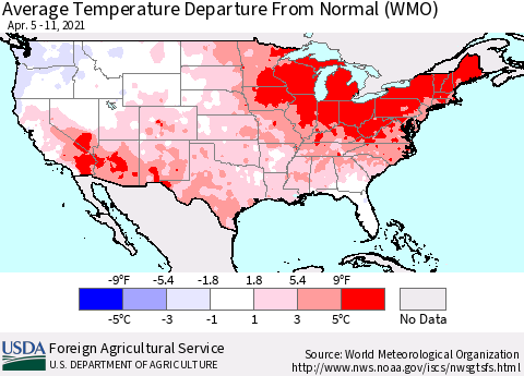 United States Average Temperature Departure From Normal (WMO) Thematic Map For 4/5/2021 - 4/11/2021