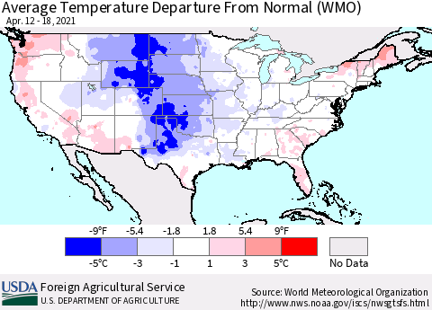 United States Average Temperature Departure From Normal (WMO) Thematic Map For 4/12/2021 - 4/18/2021