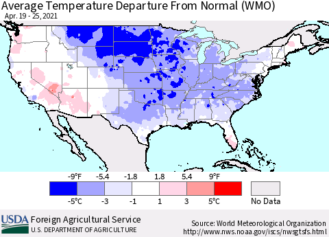 United States Average Temperature Departure from Normal (WMO) Thematic Map For 4/19/2021 - 4/25/2021