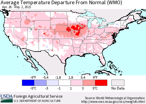 United States Average Temperature Departure From Normal (WMO) Thematic Map For 4/26/2021 - 5/2/2021