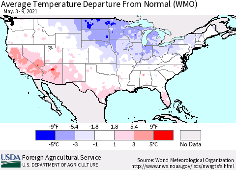 United States Average Temperature Departure From Normal (WMO) Thematic Map For 5/3/2021 - 5/9/2021
