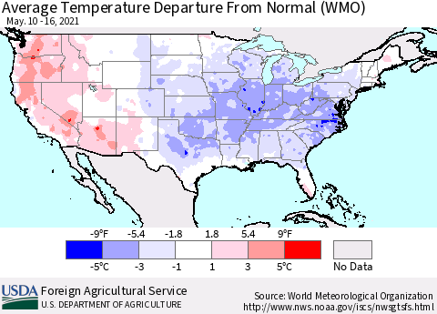United States Average Temperature Departure from Normal (WMO) Thematic Map For 5/10/2021 - 5/16/2021