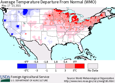 United States Average Temperature Departure From Normal (WMO) Thematic Map For 5/17/2021 - 5/23/2021