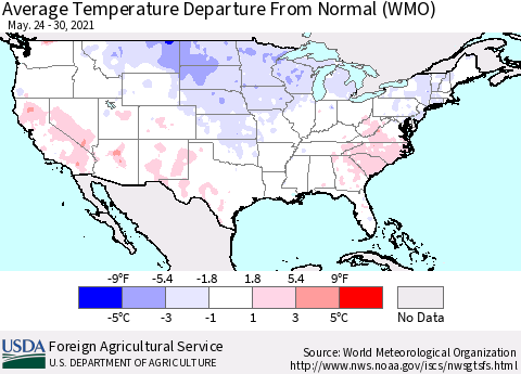 United States Average Temperature Departure from Normal (WMO) Thematic Map For 5/24/2021 - 5/30/2021