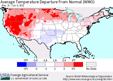 United States Average Temperature Departure From Normal (WMO) Thematic Map For 5/31/2021 - 6/6/2021