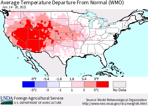 United States Average Temperature Departure From Normal (WMO) Thematic Map For 6/14/2021 - 6/20/2021