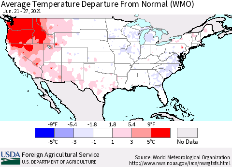 United States Average Temperature Departure from Normal (WMO) Thematic Map For 6/21/2021 - 6/27/2021