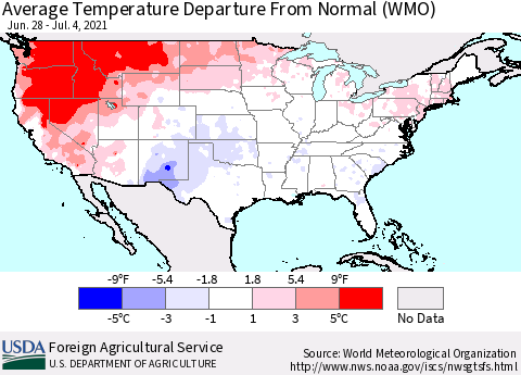 United States Average Temperature Departure From Normal (WMO) Thematic Map For 6/28/2021 - 7/4/2021