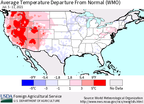 United States Average Temperature Departure from Normal (WMO) Thematic Map For 7/5/2021 - 7/11/2021