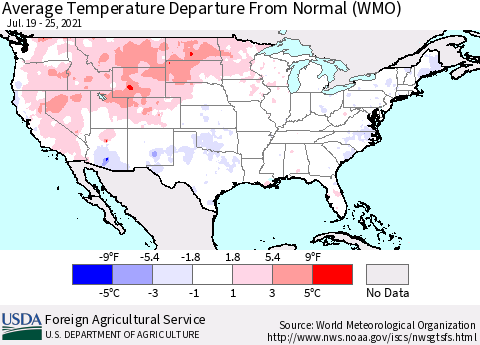United States Average Temperature Departure From Normal (WMO) Thematic Map For 7/19/2021 - 7/25/2021