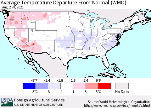 United States Average Temperature Departure From Normal (WMO) Thematic Map For 8/2/2021 - 8/8/2021