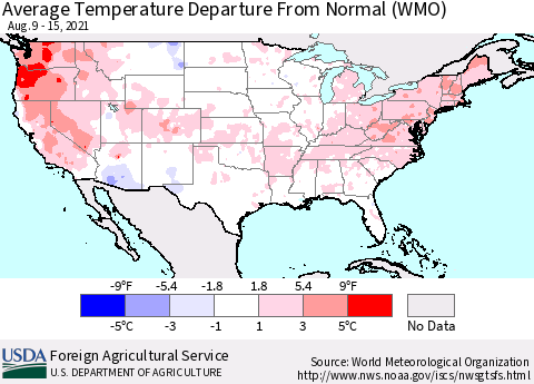 United States Average Temperature Departure from Normal (WMO) Thematic Map For 8/9/2021 - 8/15/2021