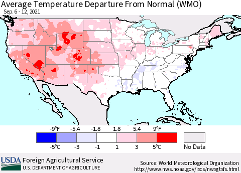 United States Average Temperature Departure from Normal (WMO) Thematic Map For 9/6/2021 - 9/12/2021