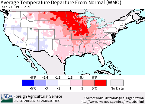 United States Average Temperature Departure from Normal (WMO) Thematic Map For 9/27/2021 - 10/3/2021