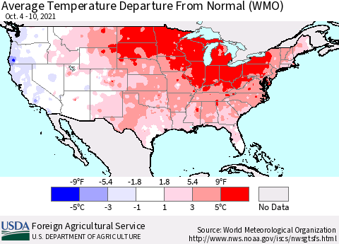 United States Average Temperature Departure from Normal (WMO) Thematic Map For 10/4/2021 - 10/10/2021