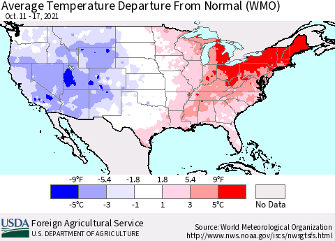 United States Average Temperature Departure from Normal (WMO) Thematic Map For 10/11/2021 - 10/17/2021