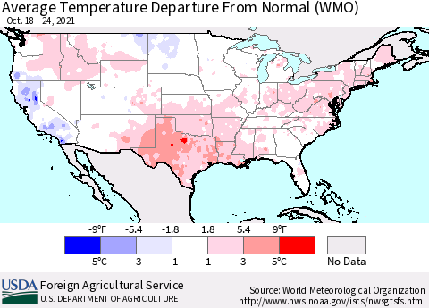 United States Average Temperature Departure from Normal (WMO) Thematic Map For 10/18/2021 - 10/24/2021