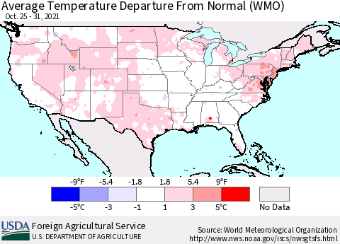 United States Average Temperature Departure from Normal (WMO) Thematic Map For 10/25/2021 - 10/31/2021